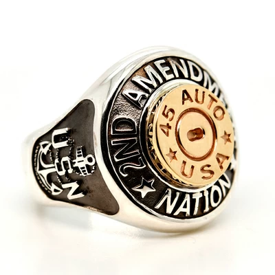 photo number one of Customizable Sterling Silver and 14k Gold 2nd Amendment Nation Ring item C2AR-1